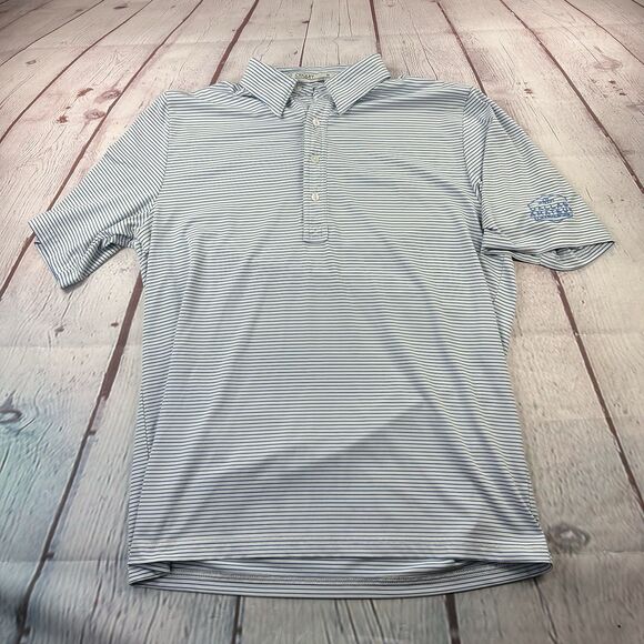 Criquet Polo Shirt Mens Medium Blue Striped Stretch Performance Golf Logo - Picture 3 of 10
